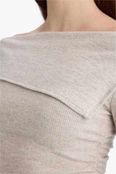 Fitted Açık Omuz Fitilli Kaşkorse Uzun Kollu Tişört