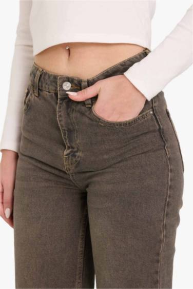 90's Wide Leg Yüksek Bel Kesik Uç Paça Uzun Jean Yıkamalı Pantolon