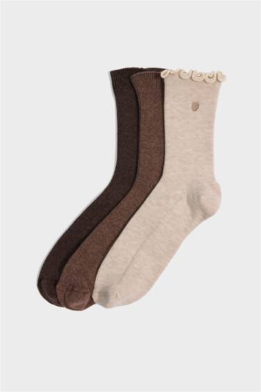 Kadın Nakışlı 3'lü Pamuklu Uzun Çorap