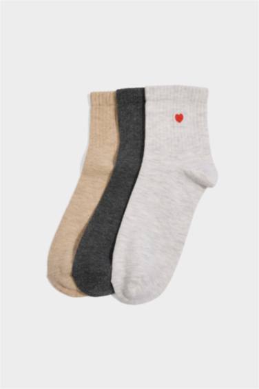 Woman Embroidered 3 Piece Cotton Ankle Socks