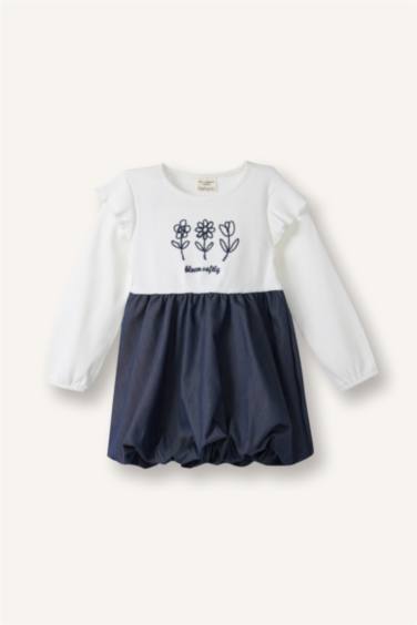 İşlemeli Uzun Kollu Fitilli Kaşkorse Elbise Kız Bebek