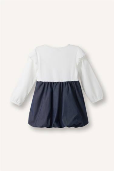 İşlemeli Uzun Kollu Fitilli Kaşkorse Elbise Kız Bebek