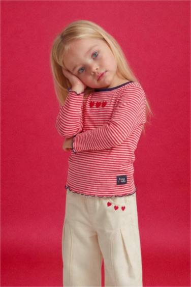 Қыз сәбилерге арналған дөңгелек жағалы жолақты ұзын жеңді футболка