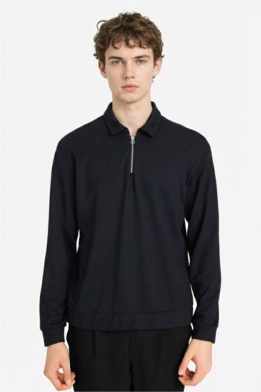 Regular Fit Polo Yaka Yarım Fermuarlı Sweatshirt