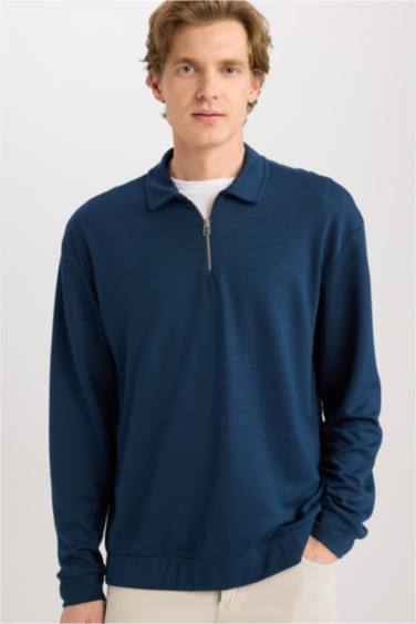 Regular Fit Polo Yaka Yarım Fermuarlı Sweatshirt