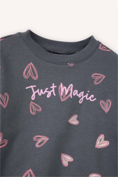 Oversize Geniş Kalıp Bisiklet Yaka Desenli Sweatshirt Kız Bebek