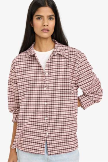 Oversize Fit Shirt Collar Flanel Plaid Long Sleeve Shirt