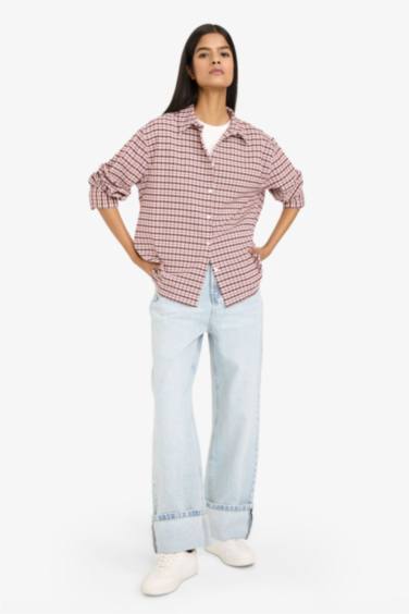 Oversize Fit Shirt Collar Flanel Plaid Long Sleeve Shirt