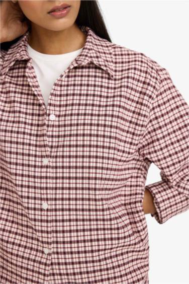 Oversize Fit Shirt Collar Flanel Plaid Long Sleeve Shirt