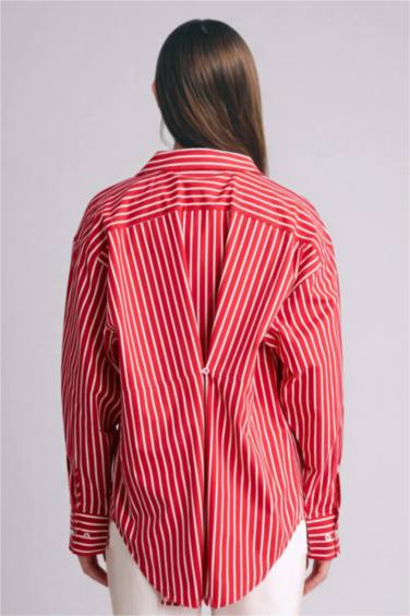 %100 Pamuk Oversıze Çizgili Poplin Gömlek - Görsel 6