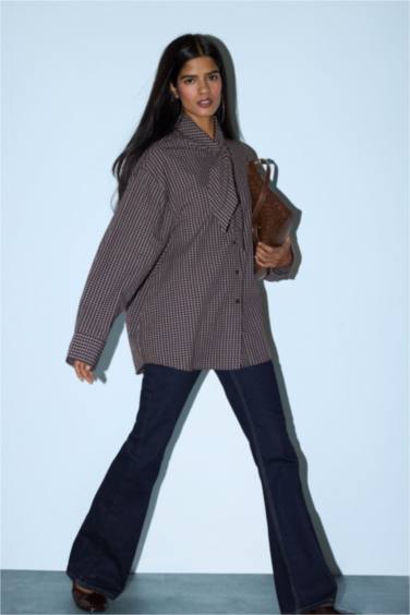 قميص كاروهات ردن طويل بوبلين اوفر سايز