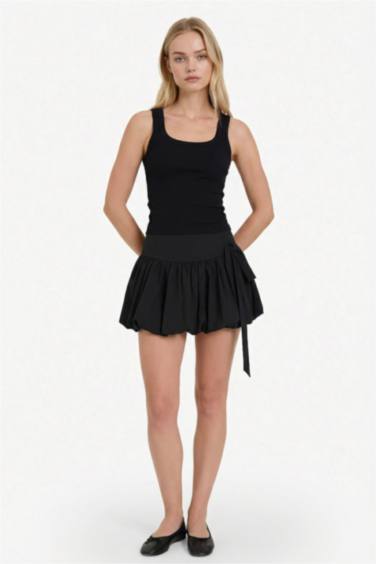 Balloon Fit Çizgili Normal Bel Penye Astar Mini Etek