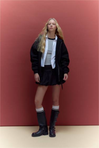 Balloon Fit Striped Combed Lining Normal Waist Mini Skirt