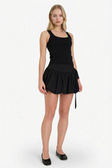 Balloon Fit Çizgili Normal Bel Penye Astar Mini Etek