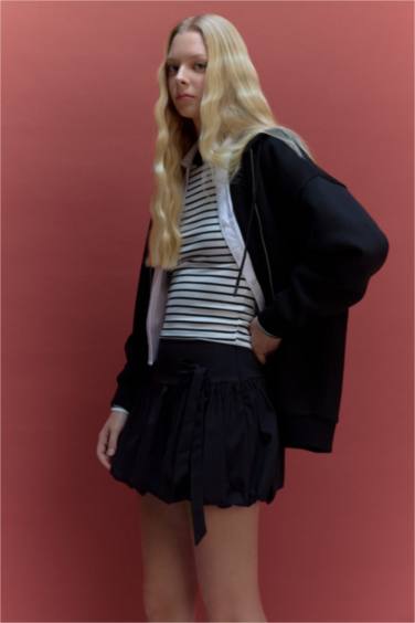 Balloon Fit Striped Combed Lining Normal Waist Mini Skirt