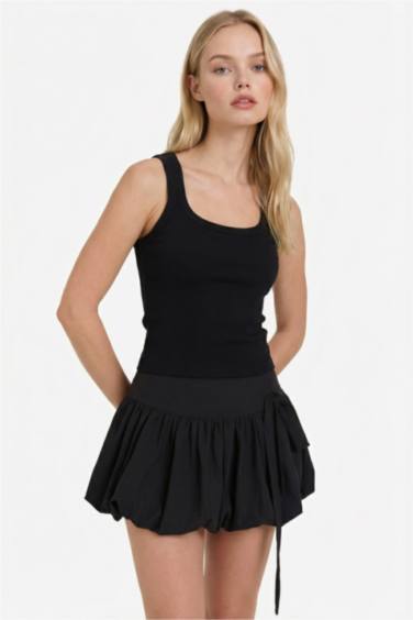 Balloon Fit Çizgili Normal Bel Penye Astar Mini Etek