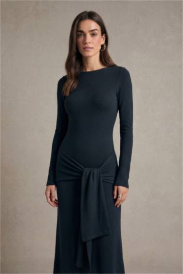 Трикотажное платье миди Bodycon с круглым вырезом и длинным рукавом