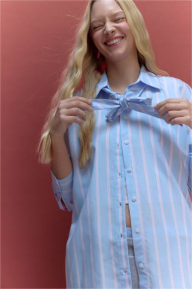 Oversize Kravat Detaylı Çizgili Gömlek