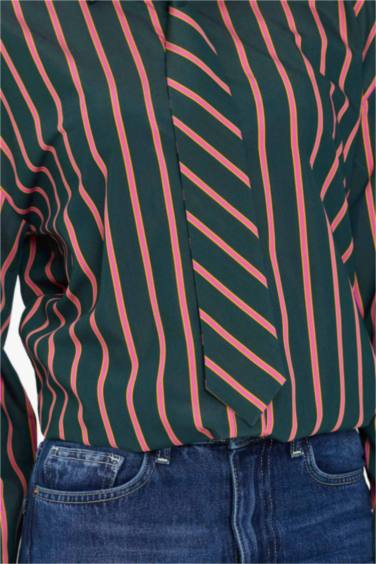 Oversize Geniş Kalıp Kravat Detaylı Çizgili Uzun Kollu Gömlek