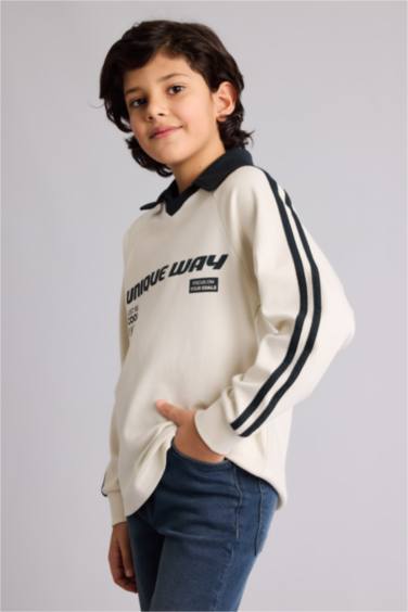 New Regular Fıt Apaş Yaka Slogan Baskılı Uzun Kollu Polo Tişört Erkek Çocuk