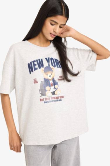 Oversize Geniş Kalıp Bisiklet Yaka Baskılı Kalın Kumaş Kısa Kollu Tişört