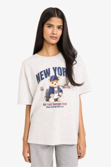 Oversize Geniş Kalıp Bisiklet Yaka Baskılı Kalın Kumaş Kısa Kollu Tişört