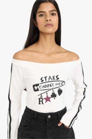 Fitted қайық жағалы суретті рибана футболка