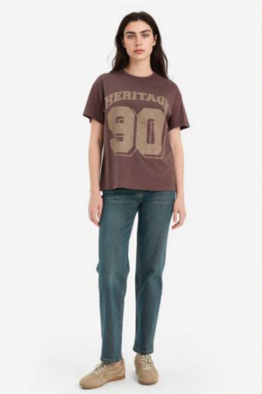 Oversıze Bisiklet Yaka Spor Baskılı Kısa Kollu Tişört