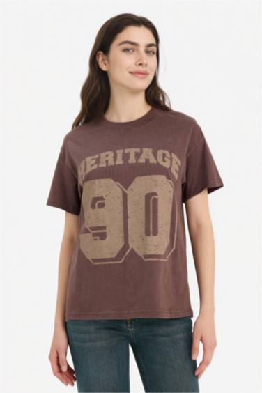 Oversıze Bisiklet Yaka Spor Baskılı Kısa Kollu Tişört