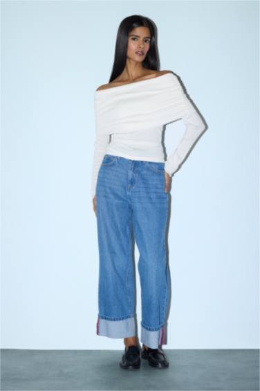 Slim Fit Omzu Açık Ribana Tişört