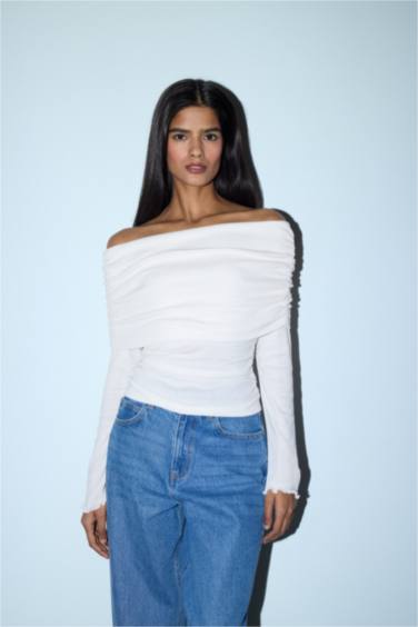 Slim Fit Omzu Açık Ribana Tişört