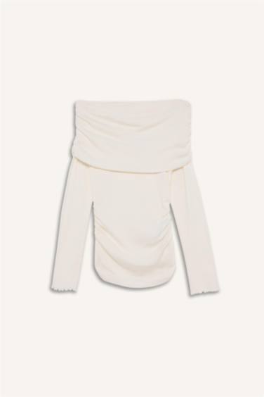 Slim Fit Omzu Açık Ribana Tişört