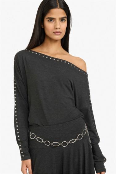 Loose Fıt Kayık Yaka Uzun Kollu Tişört