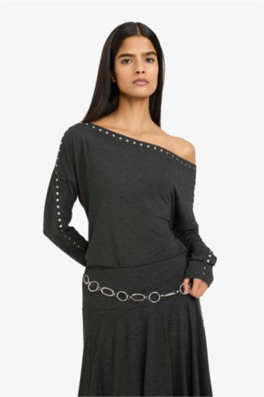 Loose Fıt Kayık Yaka Uzun Kollu Tişört