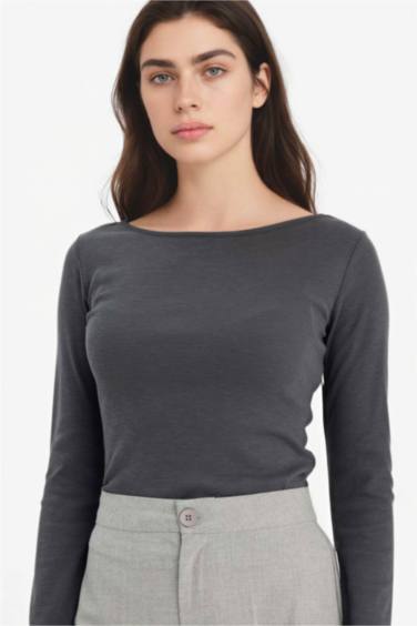 Slım Fıt Dar Kesim Kayık Yaka Ribana Uzun Kollu Tişört