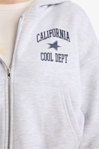 Cropped Fit Hooded Printed Thick Fabric Cardigan