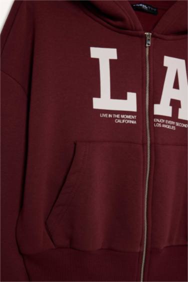 Cropped Fit Kapüşonlu Baskılı Fermuarlı Sweatshirt