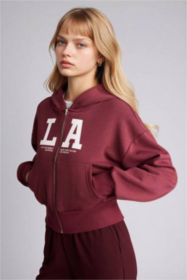 Cropped Fit Hooded Printed Zippered Sweatshirt