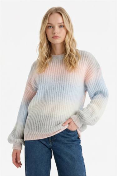 Regular Fit Bisiklet Yaka Renkli Triko Kazak