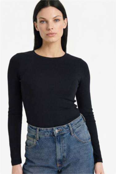 Slim Fit Dar Kesim Bisiklet Yaka Basic Düz Modal Uzun Kollu Tişört