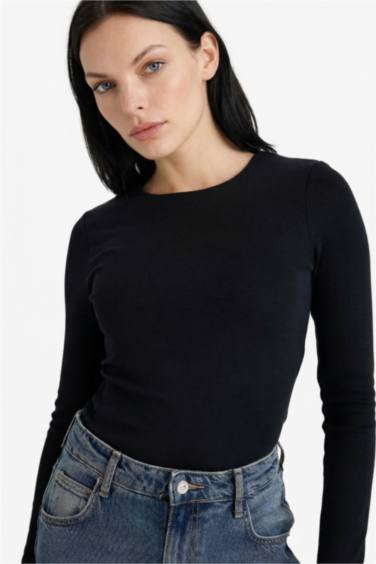 Slim Fit Dar Kesim Bisiklet Yaka Basic Düz Modal Uzun Kollu Tişört