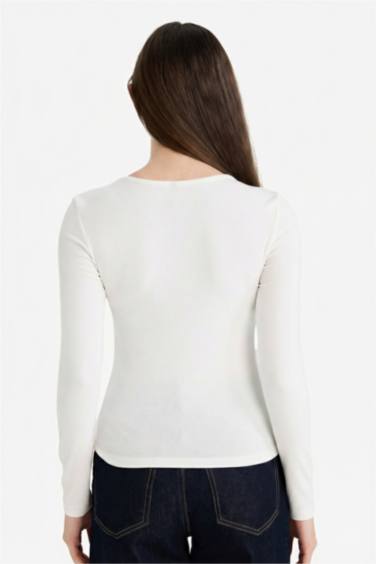 Slim Fit Dar Kesim Bisiklet Yaka Basic Düz Modal Uzun Kollu Tişört