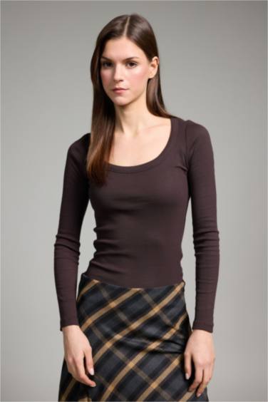 Slım Fıt Dar Kesim Yuvarlak Yaka Basıc Düz Fitilli Kaşkorse Uzun Kollu Tişört