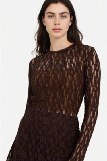 Fıtted Bisiklet Yaka Dantel Uzun Kollu Tişört