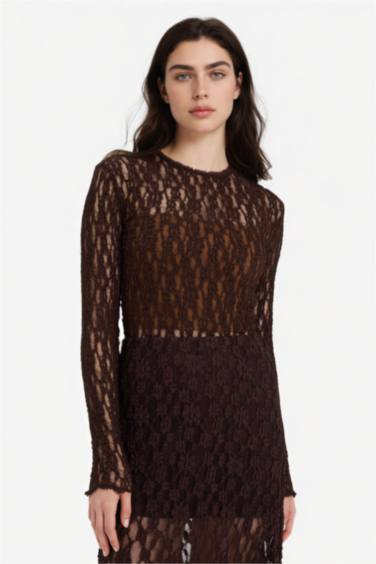 Fıtted Bisiklet Yaka Dantel Uzun Kollu Tişört