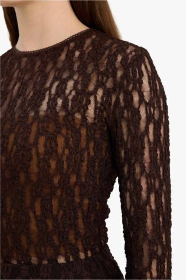 Fıtted Bisiklet Yaka Dantel Uzun Kollu Tişört