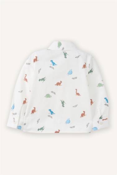 قميص ولادي ردن طويل ذو مظهر كتان قصة عادية وطبعة ديناصور