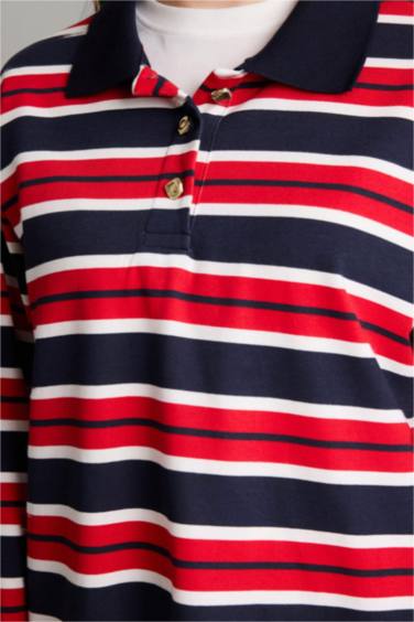 %100 Pamuk Regular Fıt Polo Yaka Sweatshirt Tunik - Görsel 5