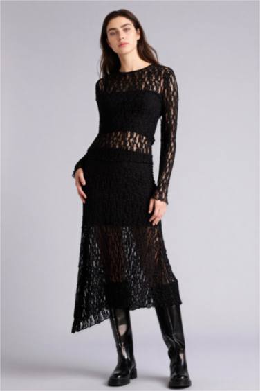 جيبة ميدي تريكو دانتيل غير متماثل بخصر عادي وبطانة جيرسي