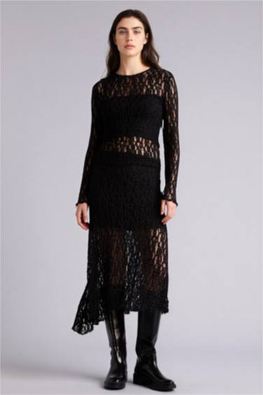 جيبة ميدي تريكو دانتيل غير متماثل بخصر عادي وبطانة جيرسي